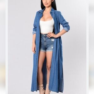 Fashion Nova Dangerous Gal Dark Blue Washed Denim Cambrey Duster Jacket Pockets